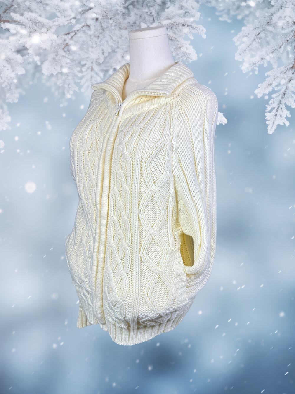 Vintage 90s Blair Cable-Knit Ivory Full-Zip Fisherman Cardigan Sweater Size M